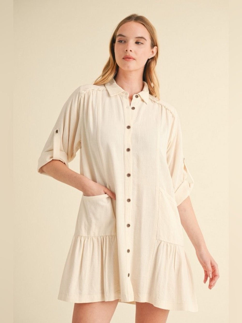 Light Cream Button-Front Linen Dress